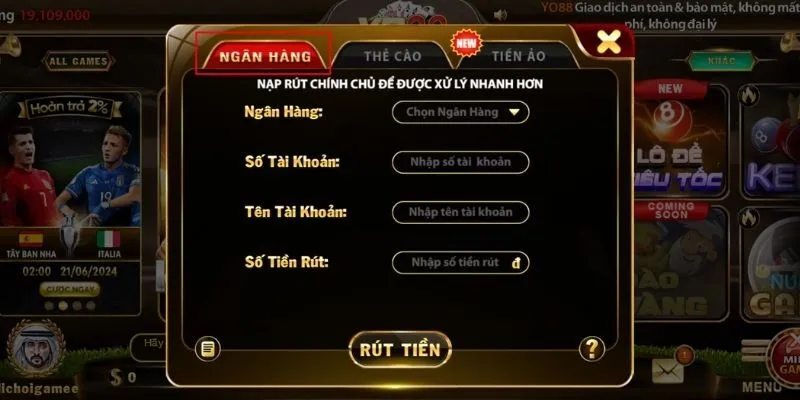 Rút tiền qua Ngân hàng tại cổng game Yo88 đang được nhiều người chơi lựa chọn